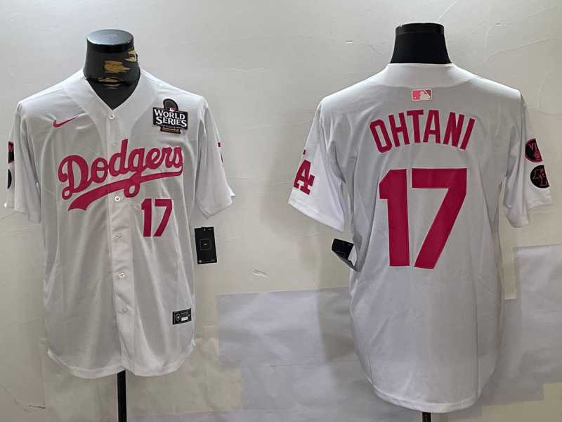 Mens Los Angeles Dodgers #17 Shohei Ohtani Number White Pink 2024 World Series Limited Cool Base Stitched Jersey